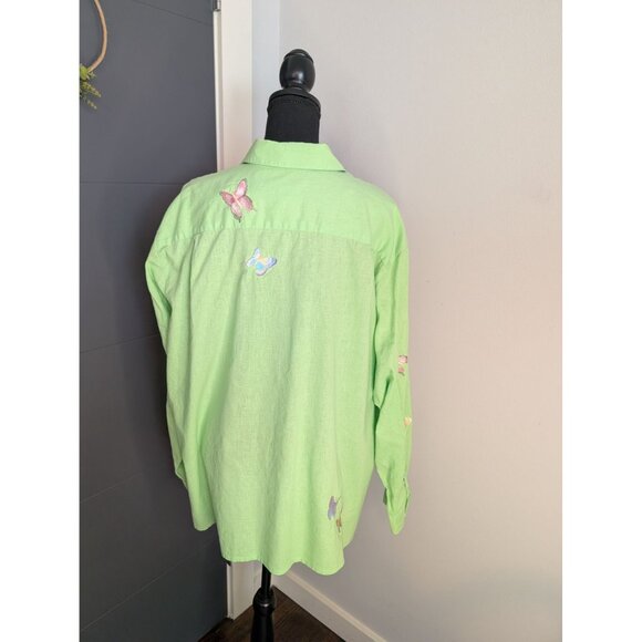 Quacker Factory Green Linen Blend Butterfly Embellished Button-Up Shirt - 2X - Picture 3 of 7